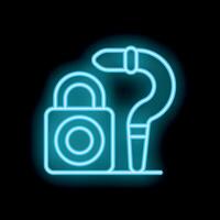 Neon padlock with question mark symbolizing security issues on black background vector