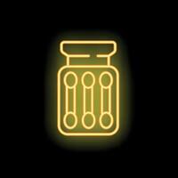 Neon icon of cotton swabs inside a container glowing on black background vector