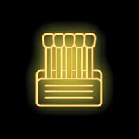 Neon icon of matches standing in open matchbox glowing on black background vector