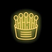 Neon sign of french fries in a paper cup glowing on black background vector