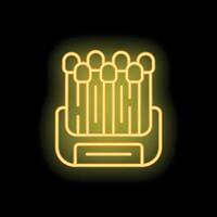 Neon icon of matches in open matchbox glowing yellow on black background vector
