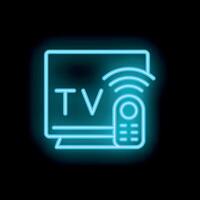 Neon tv set with remote control sending signal on black background vector