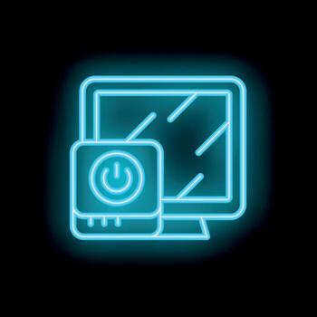 Neon icon of a computer displaying power button symbolising turning on vector