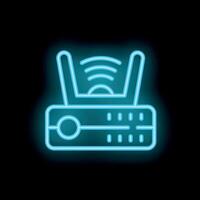 Neon blue icon of a router emitting wifi signal waves vector