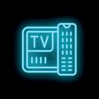 Neon television set with remote control on black background vector