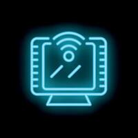 Neon computer icon showing wireless signal on black background vector