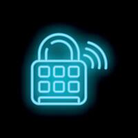 Neon smart lock sending wireless signal on black background vector