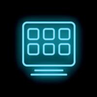 Neon blue icon of a smartphone with nine app icons displayed on black background vector