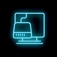 Neon computer icon connecting to external hard drive for data storage vector
