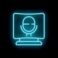 Neon computer screen showing microphone icon for podcast recording vector