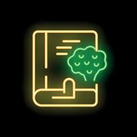 Neon green brain training icon with notebook on black background vector