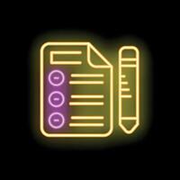 Neon icon of document with checklist and pencil representing planning and organization vector