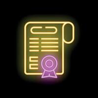 Neon sign showing official document with quality guarantee certificate vector
