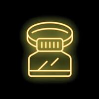Yellow neon icon of a camera lens glowing on black background vector
