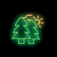 Green neon sign of coniferous forest under summer sun shining with rays vector