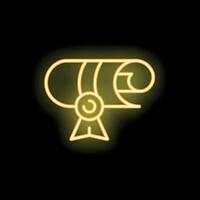 Neon yellow diploma scroll icon glowing on black background vector