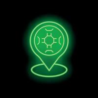 Glowing neon green map pin pointing at futuristic technology icon on black background vector