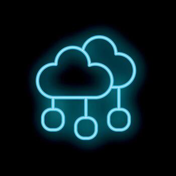 Neon blue cloud computing icon representing data storage and network connectivity vector