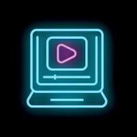Neon laptop showing streaming interface with play button on black background vector