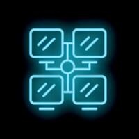 Neon icon of four computers connected to network sharing data vector