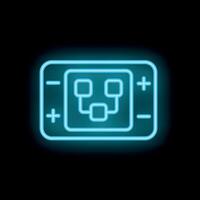 Blue neon icon of a mobile game console showing a game element on a black background vector
