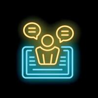 Neon icon of person calling with speech bubbles on laptop screen vector