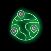 Neon green world globe showing location pins on black background vector