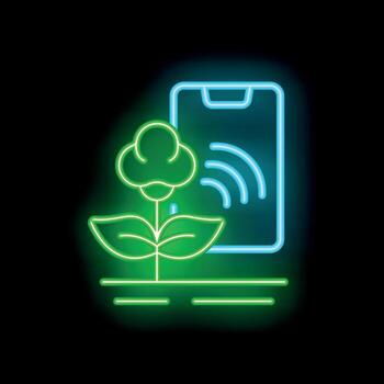 Neon icon of smart farming using mobile phone app for monitoring vector