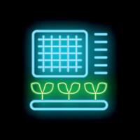 Neon icon of a grow lamp shining on seedlings growing in a row vector