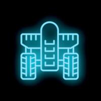 Blue neon icon of a combine harvester working on black background vector