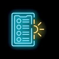 Neon icon of a smartphone displaying a checklist being highlighted by a sun representing a deadline vector