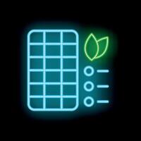 Blue and green neon glowing symbol of a solar panel generating electricity from the sun isolated on a black background vector
