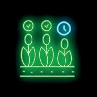 Neon icon of growing plants with checkmarks and clock representing growth stages vector