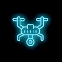 Blue neon sign showing a modern drone flying with its camera, vector