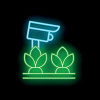 Neon icon of security camera monitoring growing plants vector