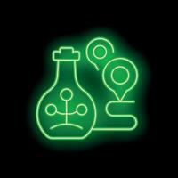Neon green icon of lab flask and location markers on black background vector