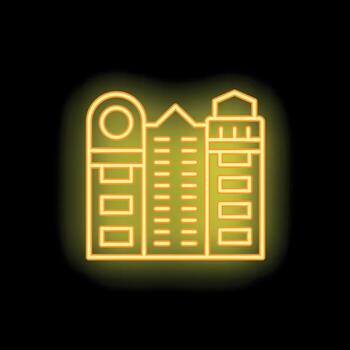 Neon style icon representing a hotel building with glowing windows on a black background vector