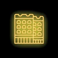 Neon icon of a building with glowing windows representing a hotel or apartment complex vector