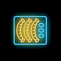 Neon sign showing three sausages on a grill with buttons on the right side vector