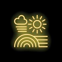 Yellow neon weather icon showing partly cloudy day with rainbow vector