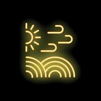 Neon style icon showing sun shining over rolling hills with wind blowing vector