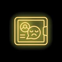 Neon icon of a tablet showing a sad emoji in a chat bubble vector