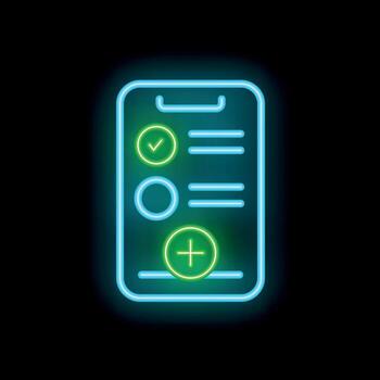 Mobile phone showing checklist with add button in neon style vector