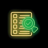 Neon magnifying glass hovering over checklist on black background vector