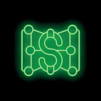 Green neon dollar sign connected with lines and circles glowing on black background vector