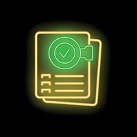 Neon icon of documents with check mark symbolizing verification vector
