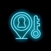 Neon pin location icon with keyhole and key representing access control vector