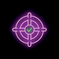 Neon target showing check mark symbol for achieving goal vector
