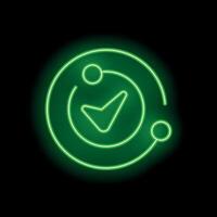 Neon green check mark valid icon glowing on black background vector
