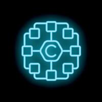 Neon copyright symbol connected to network of computers vector